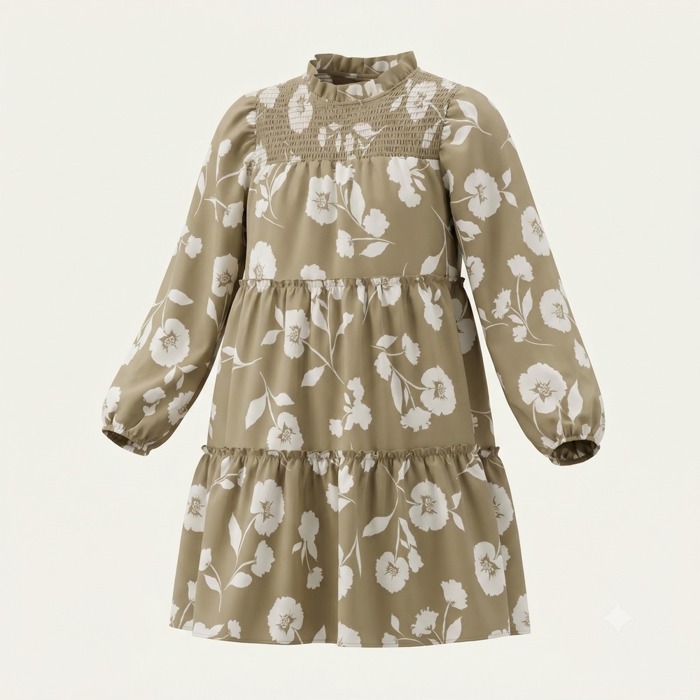 GeeGee Floral Babydoll Mini Dress S‎ Small Olive Taupe Smocked Tiered Balloon L